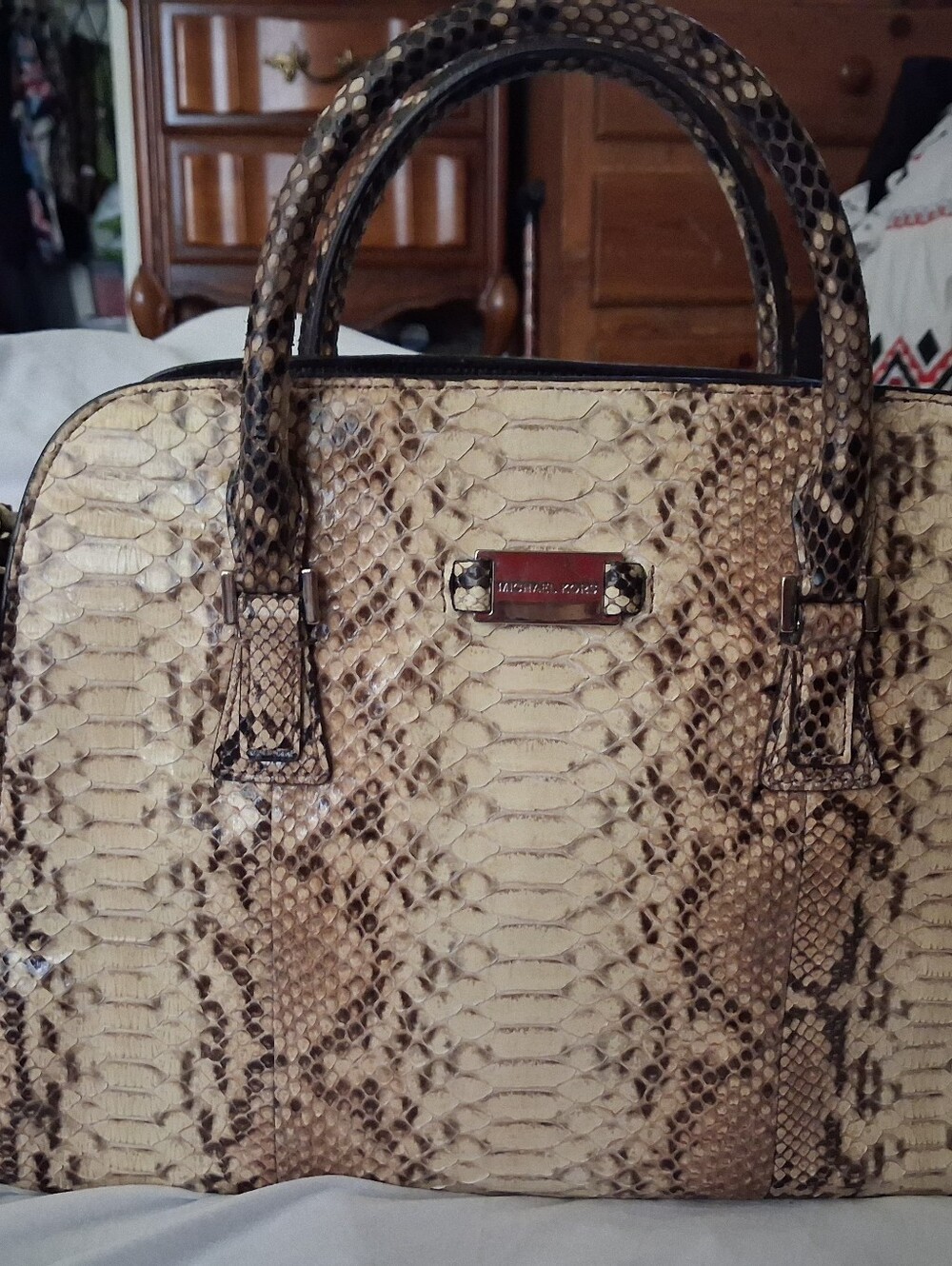 Michael Kors Black Tote with Snakeskin-Pattern Handles